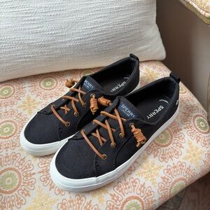 Sperry Black Canvas Boat Sneakers with Tan Laces